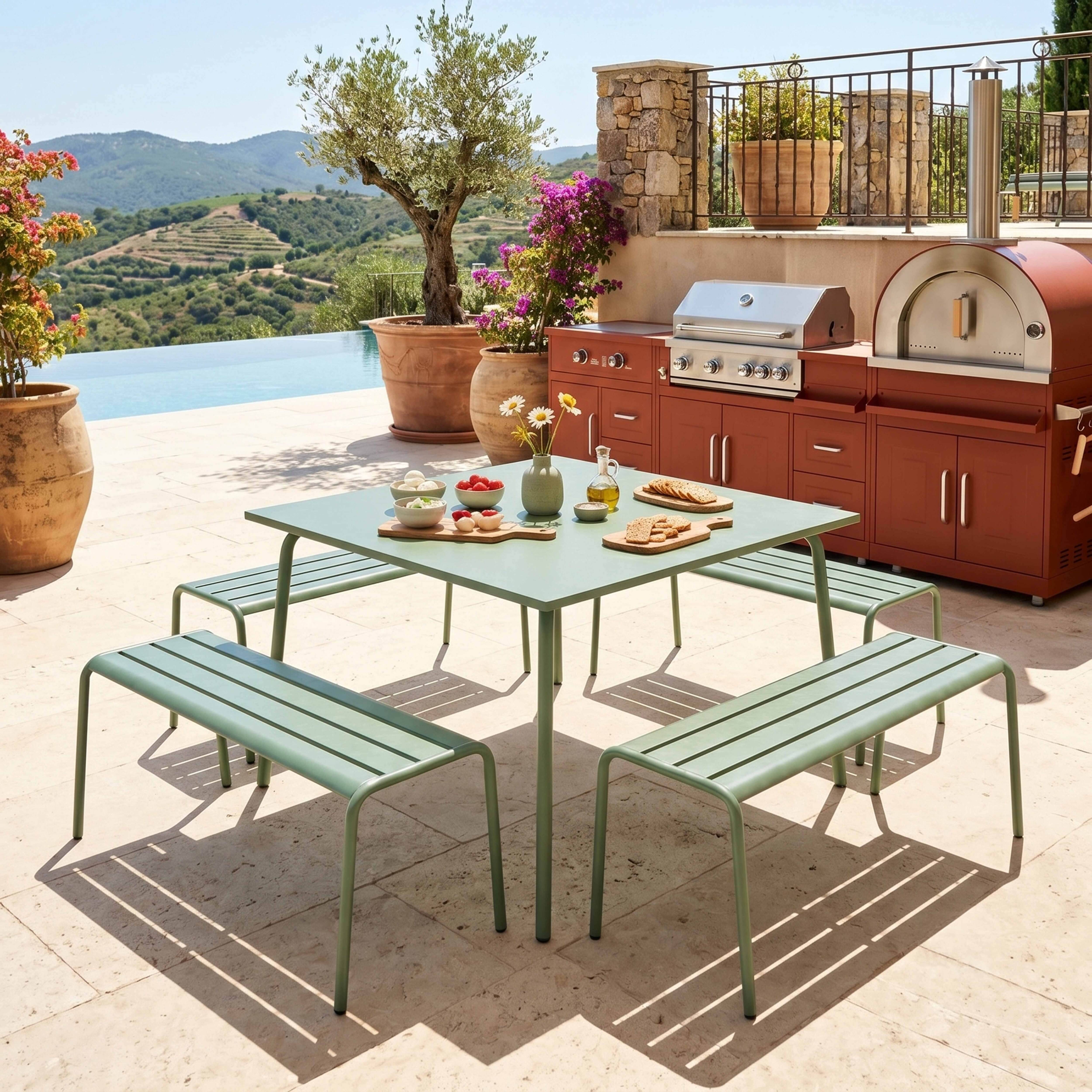 Oviala - Ensemble table de jardin carrée et 4 bancs en métal vert sauge Palavas - Oviala - Image 2