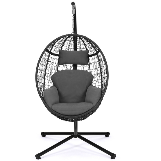 Fauteuil oeuf suspendu ajouré effet rotin gris avec coussin gris - Image 5