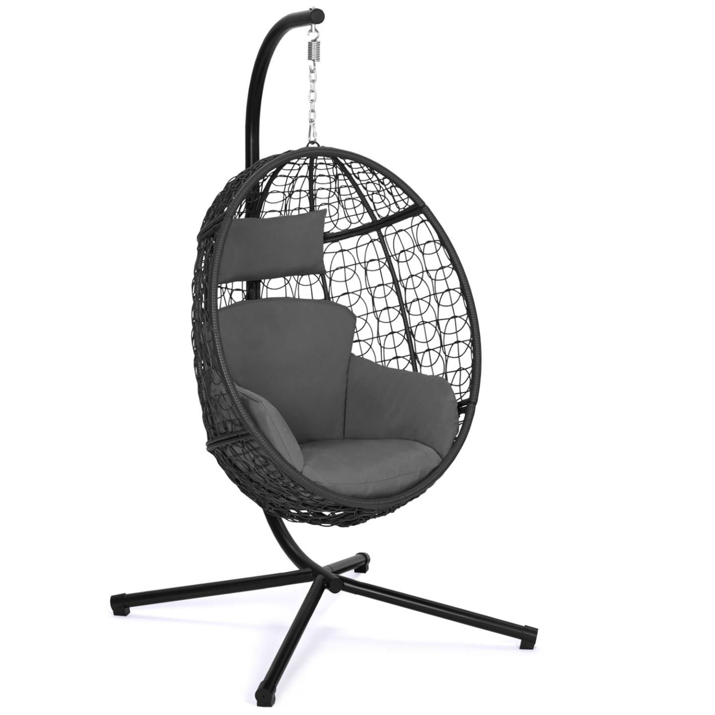 Fauteuil oeuf suspendu ajouré effet rotin gris avec coussin gris - Image 2