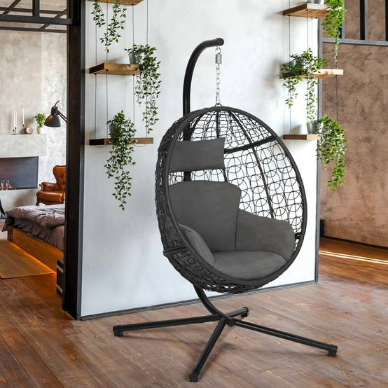 Fauteuil oeuf suspendu ajouré effet rotin gris avec coussin gris - Image 3