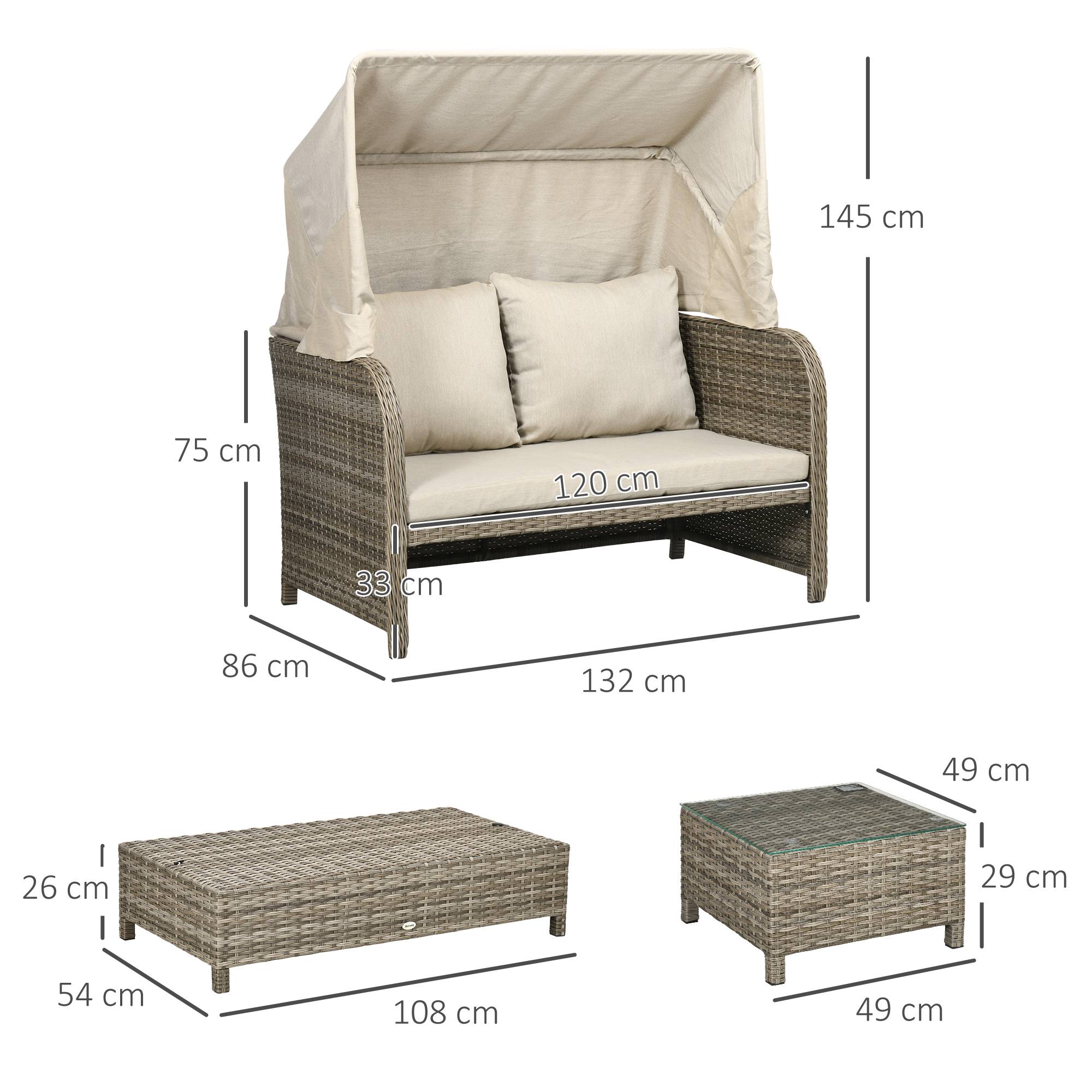 Ensemble salon de jardin 4 pièces canapé 2 places + 1 repose-pieds + 2 table basse avec coussins beige marron - Image 5