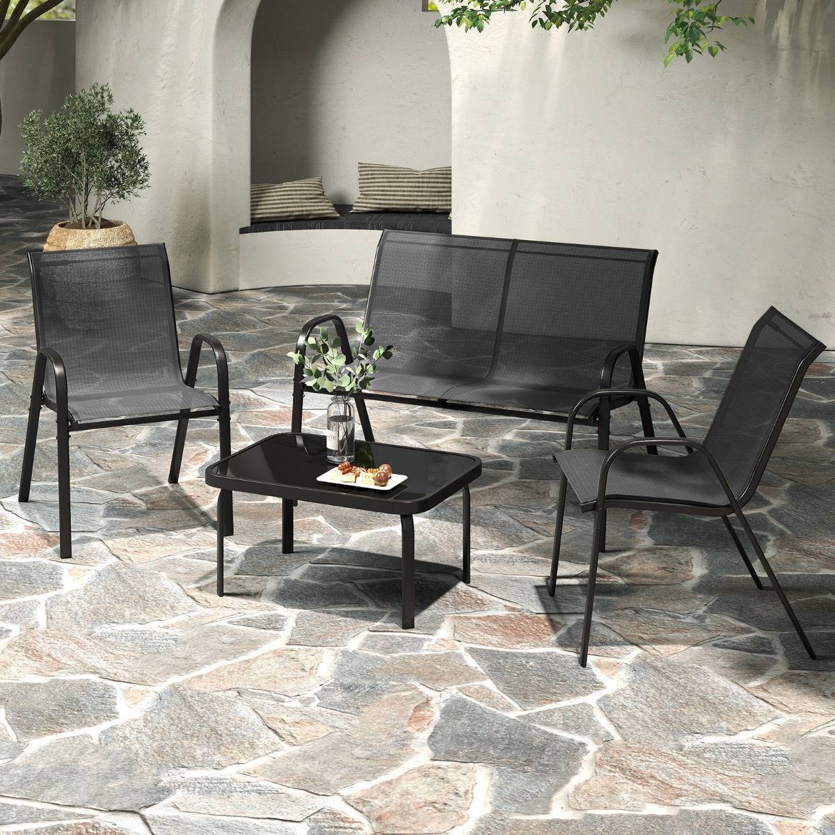 Ensemble Salon de Jardin 4 Pièces 2 Fauteuils 1 Canapé 1 Table Basse en Verre pour Terrasse Piscine Patio Balcon Gris MAISON CHIC - Image 5