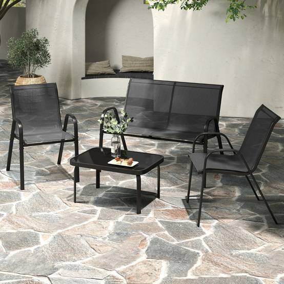 Ensemble Salon de Jardin 4 Pièces 2 Fauteuils 1 Canapé 1 Table Basse en Verre pour Terrasse Piscine Patio Balcon Gris MAISON CHIC - Image 2