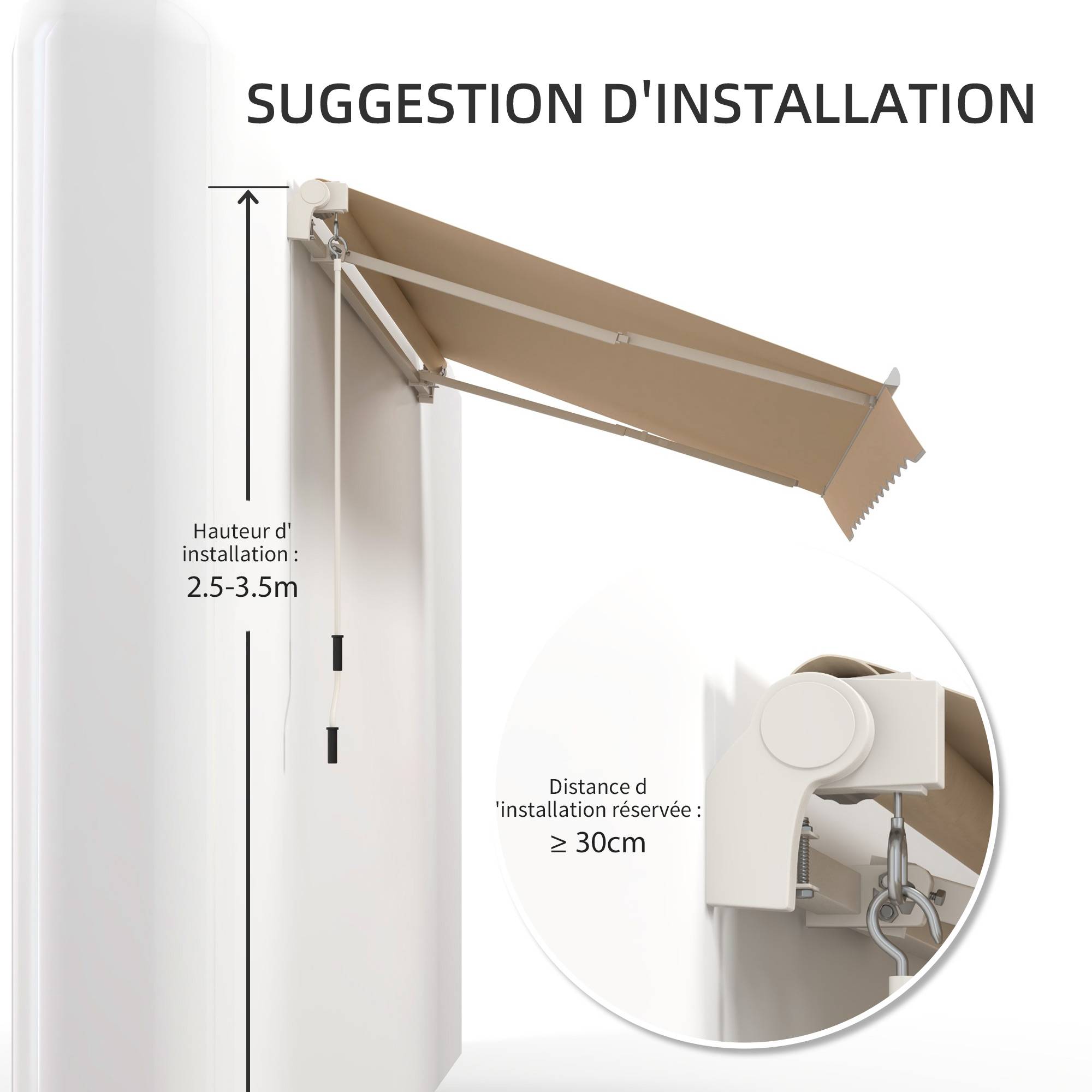 Store banne manuel rétractable 295 x 245 cm avec manivelle, protection UV, cadre en aluminium, beige - Image 9