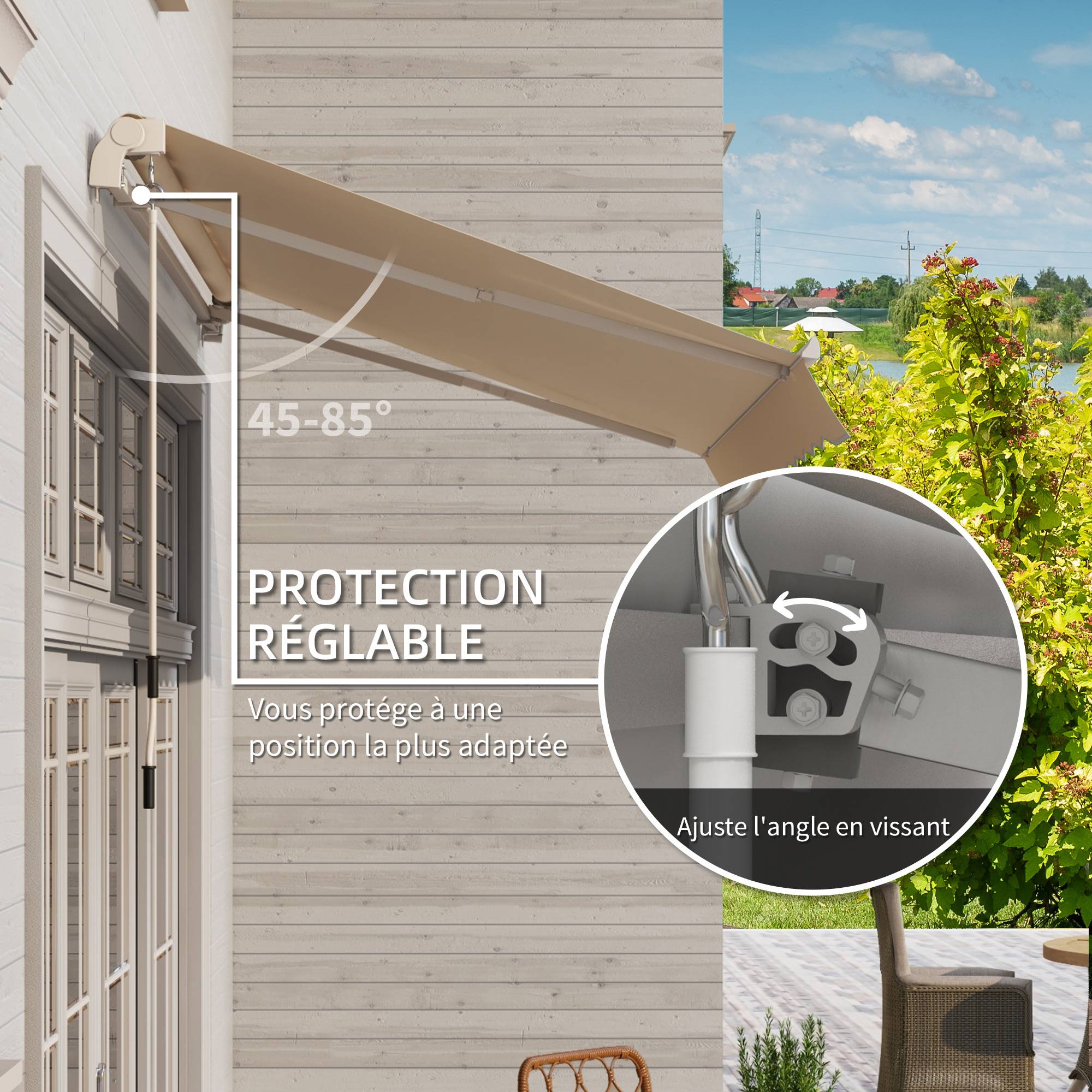 Store banne manuel rétractable 295 x 245 cm avec manivelle, protection UV, cadre en aluminium, beige - Image 6