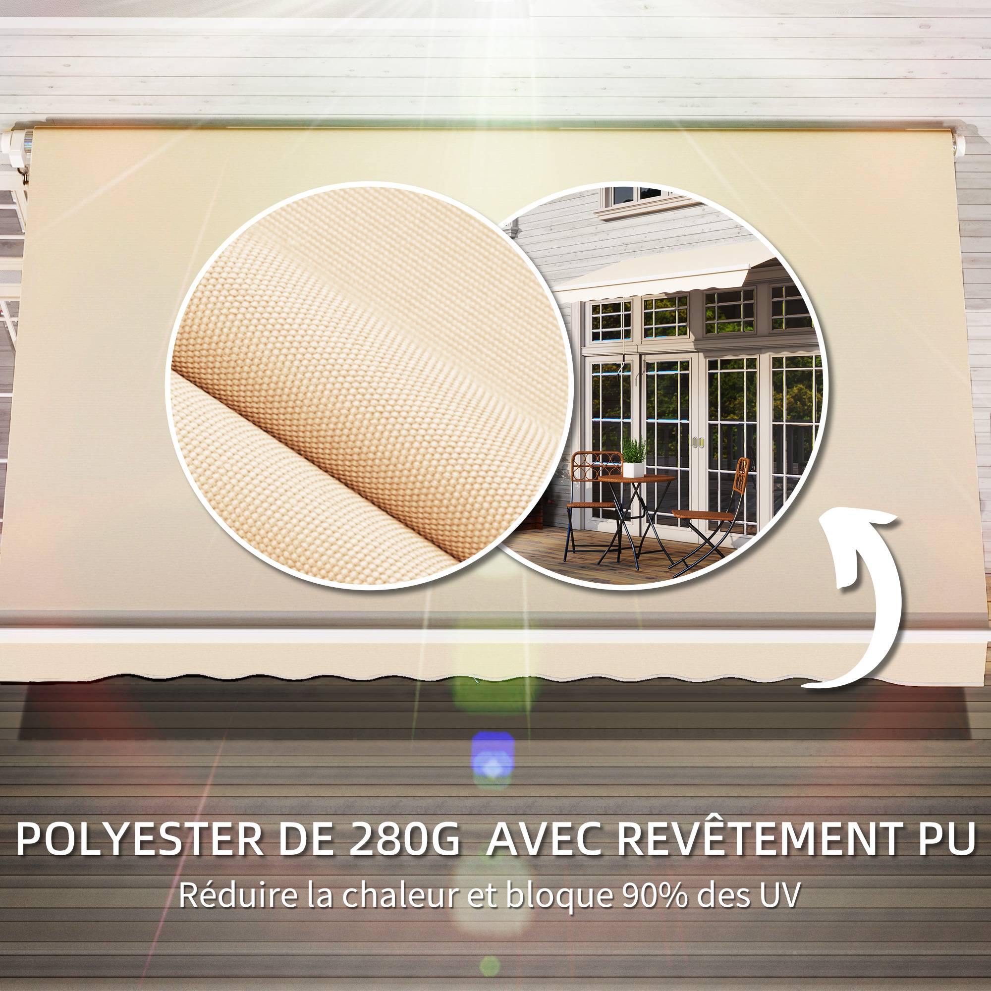 Store banne manuel rétractable 295 x 245 cm avec manivelle, protection UV, cadre en aluminium, beige - Image 7