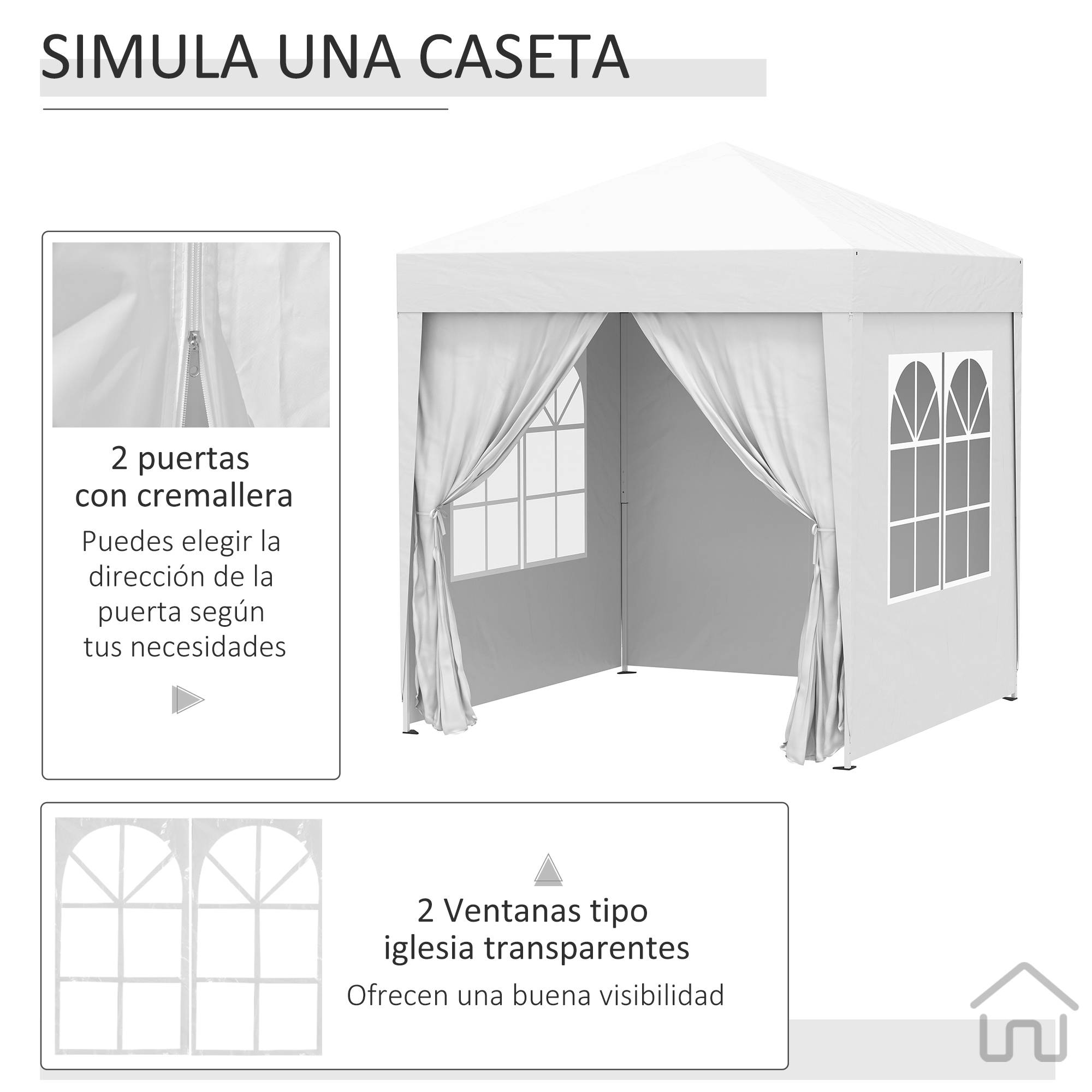 Tonnelle de jardin 2x2m avec 4 parois latérales en tissu Oxford, 2 portes, 2 fenêtres et sac de transport imperméable, blanche - Image 7