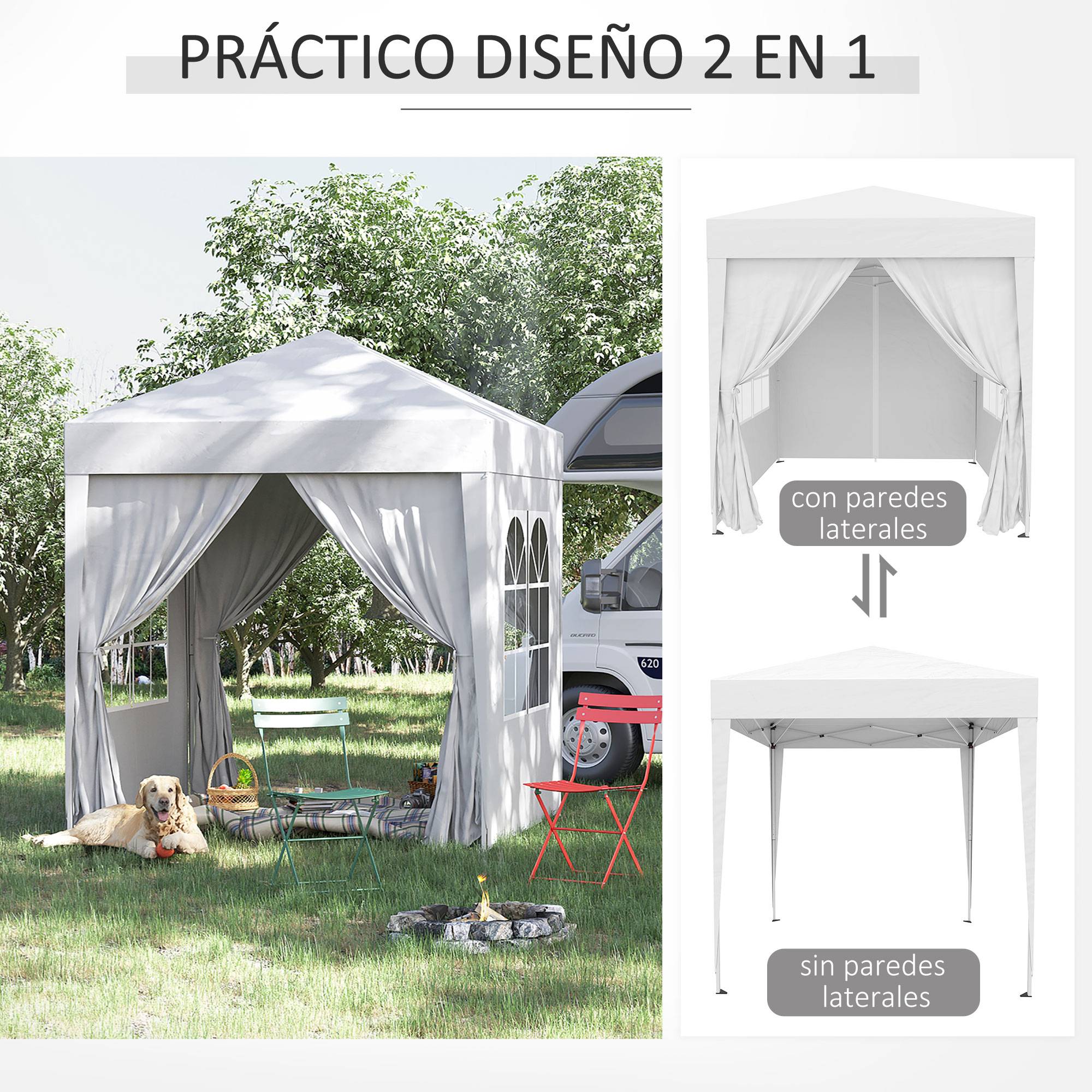 Tonnelle de jardin 2x2m avec 4 parois latérales en tissu Oxford, 2 portes, 2 fenêtres et sac de transport imperméable, blanche - Image 6