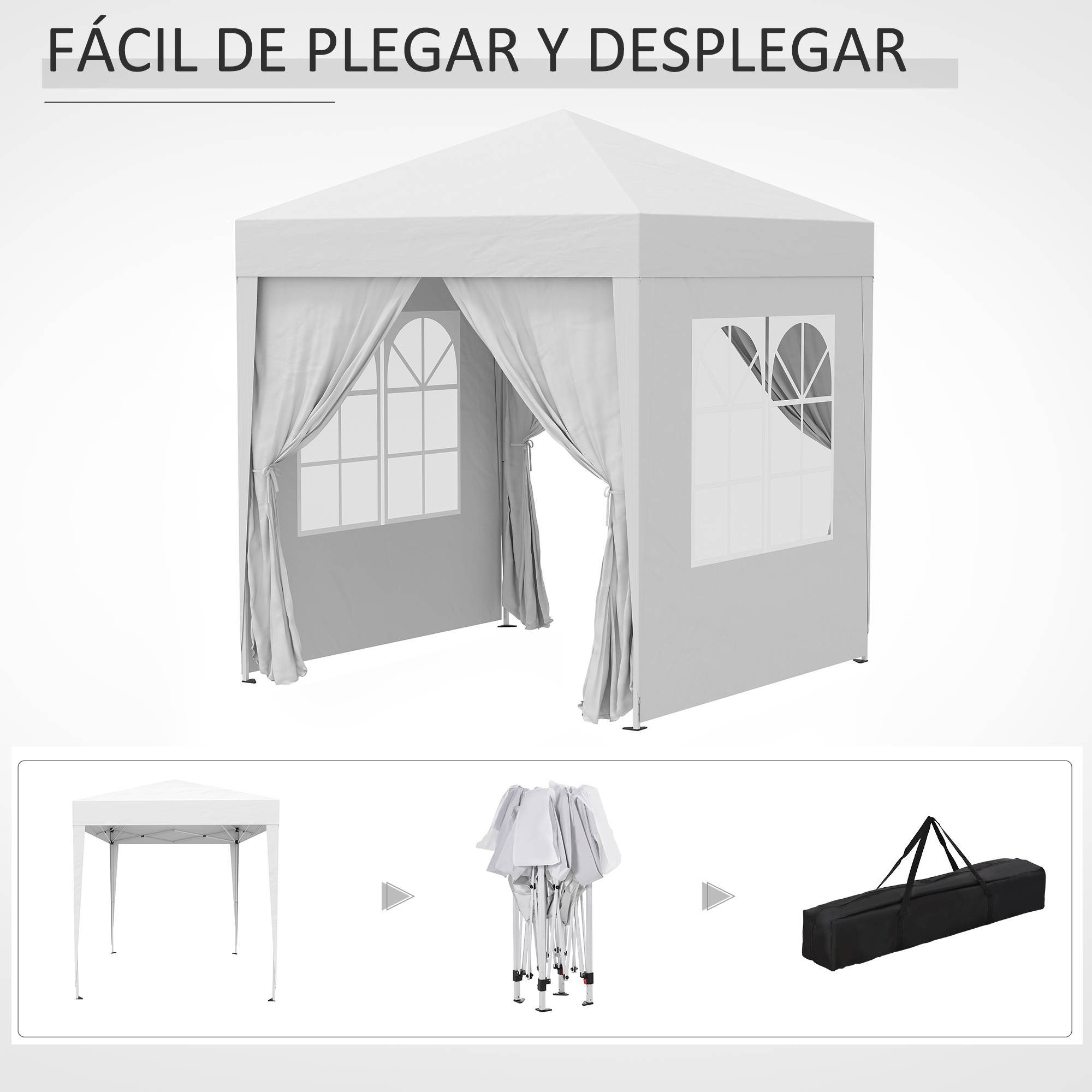 Tonnelle de jardin 2x2m avec 4 parois latérales en tissu Oxford, 2 portes, 2 fenêtres et sac de transport imperméable, blanche - Image 10
