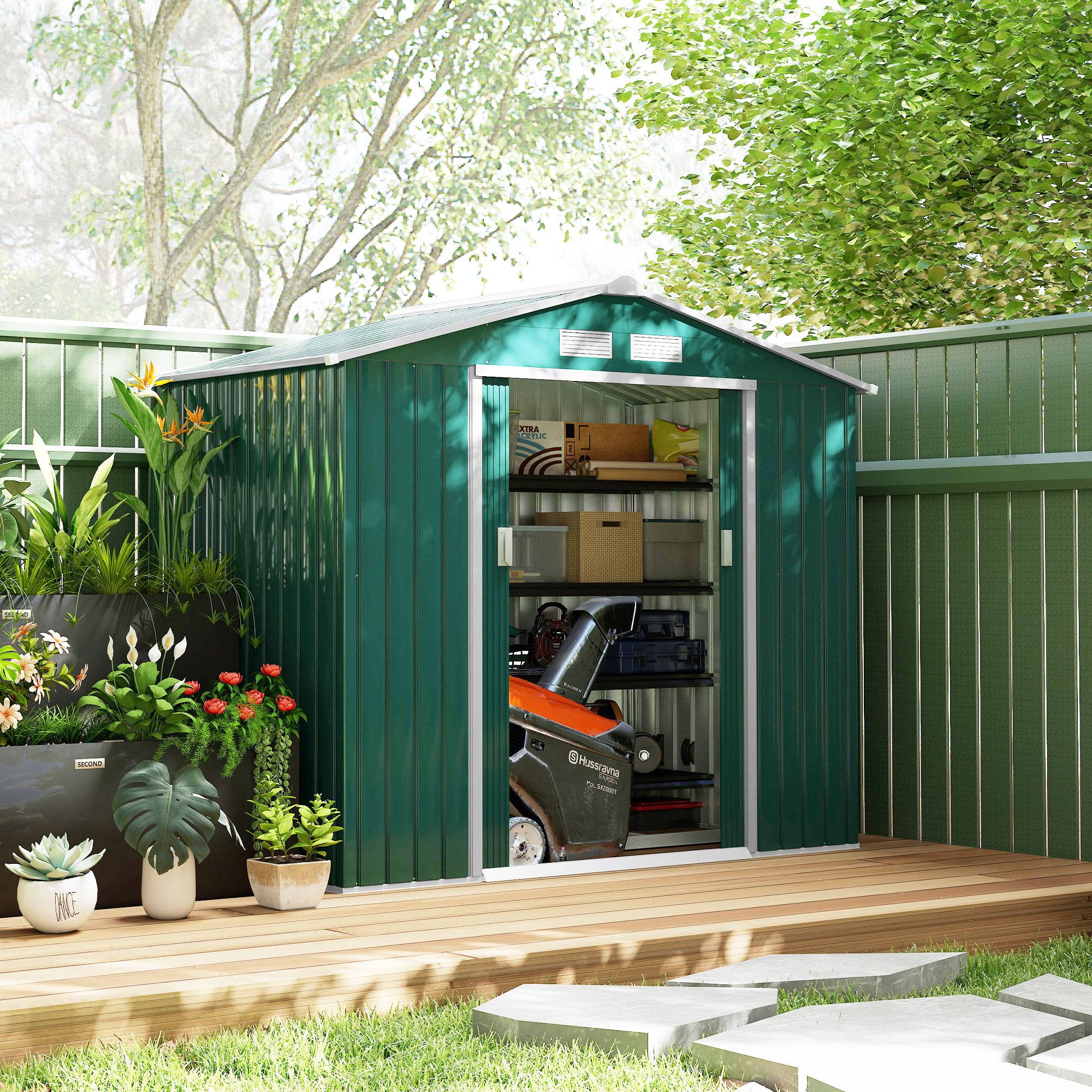 Sans Marque - Abri de Jardin 2,42 m² - Remise pour Outils avec kit de fondation - cabanon Porte verrouillable - dim. 213L x 130l x 185H cm - tôle d'acier Vert - Image 4