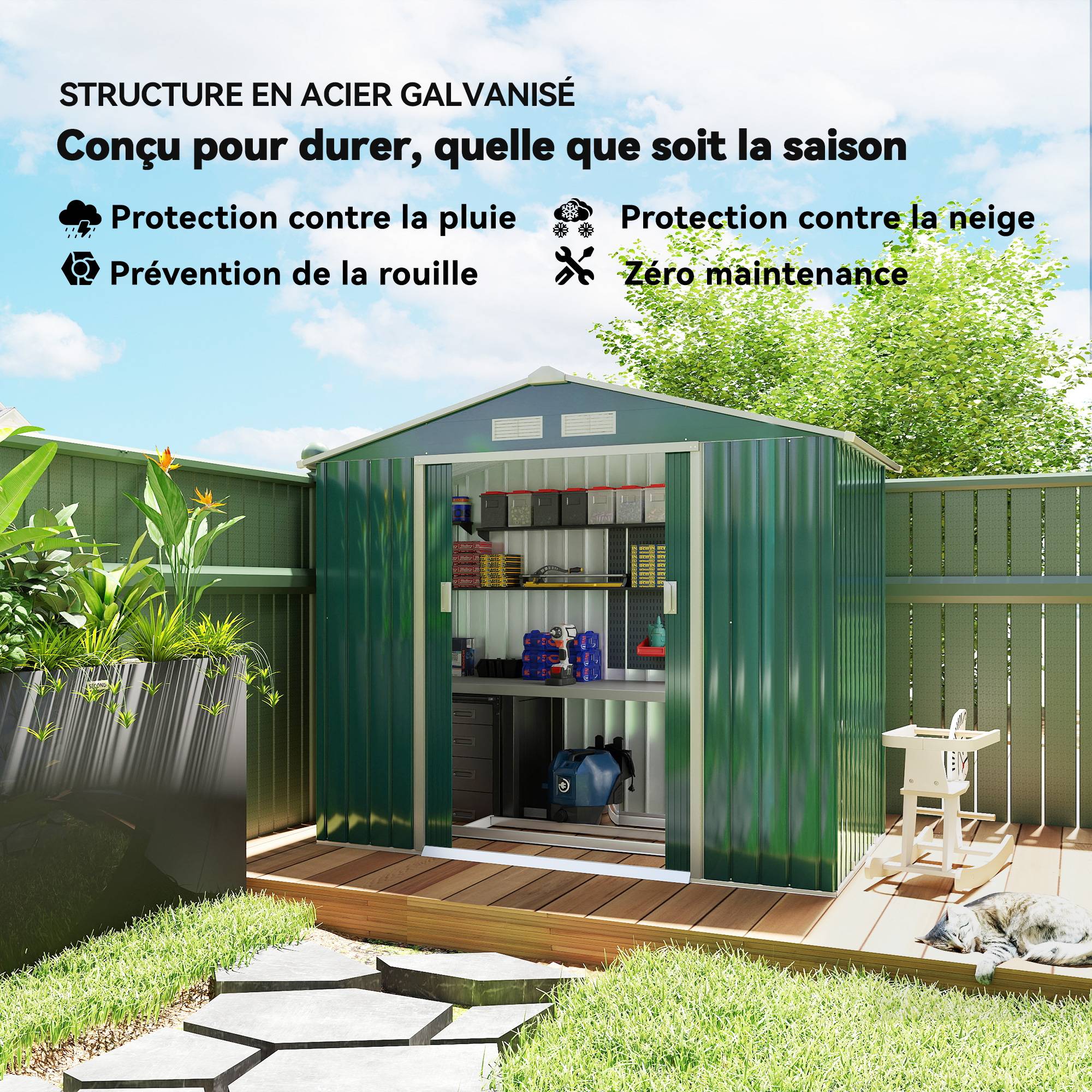 Sans Marque - Abri de Jardin 2,42 m² - Remise pour Outils avec kit de fondation - cabanon Porte verrouillable - dim. 213L x 130l x 185H cm - tôle d'acier Vert - Image 6