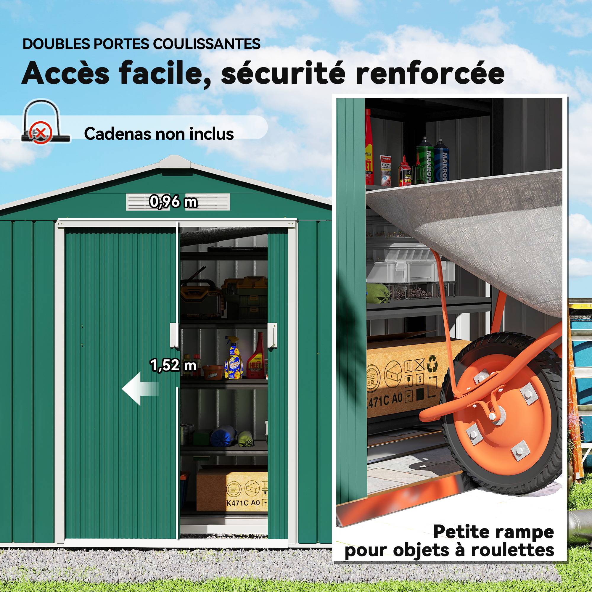 Sans Marque - Abri de Jardin 2,42 m² - Remise pour Outils avec kit de fondation - cabanon Porte verrouillable - dim. 213L x 130l x 185H cm - tôle d'acier Vert - Image 7