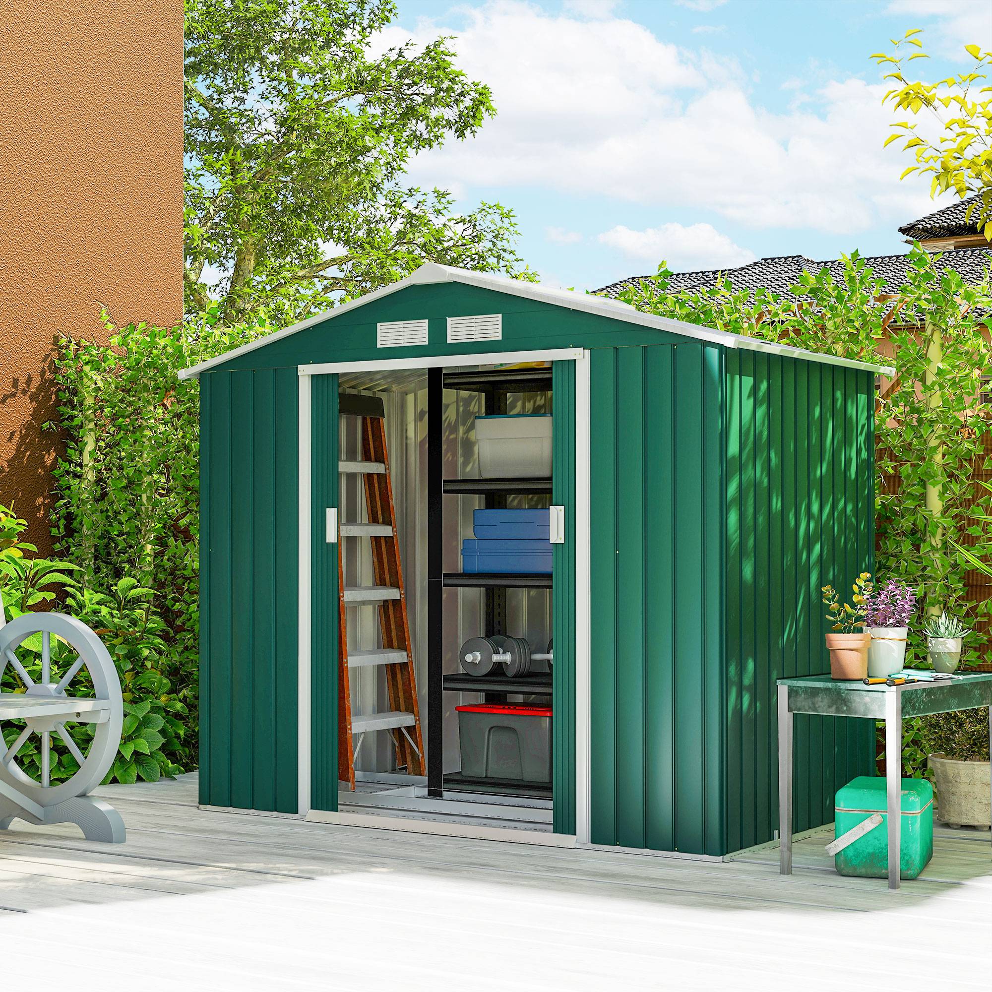 Sans Marque - Abri de Jardin 2,42 m² - Remise pour Outils avec kit de fondation - cabanon Porte verrouillable - dim. 213L x 130l x 185H cm - tôle d'acier Vert - Image 3