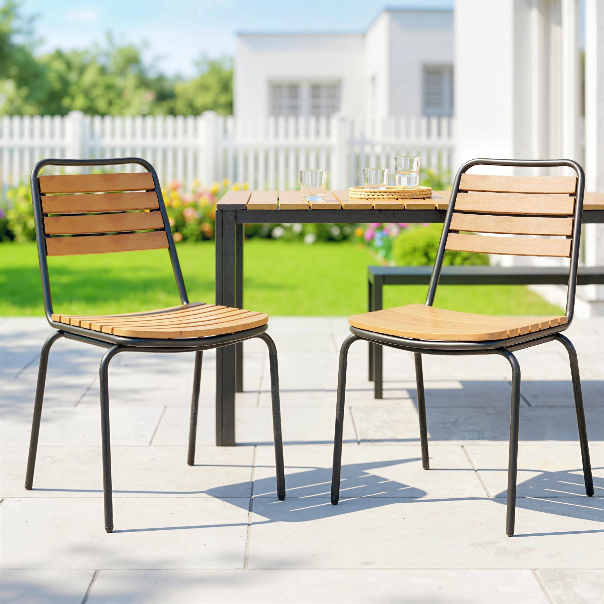 Lot de 2 chaises de jardin empilables en acier et bois, structure étanche, charge maximale 160 kg - Image 2