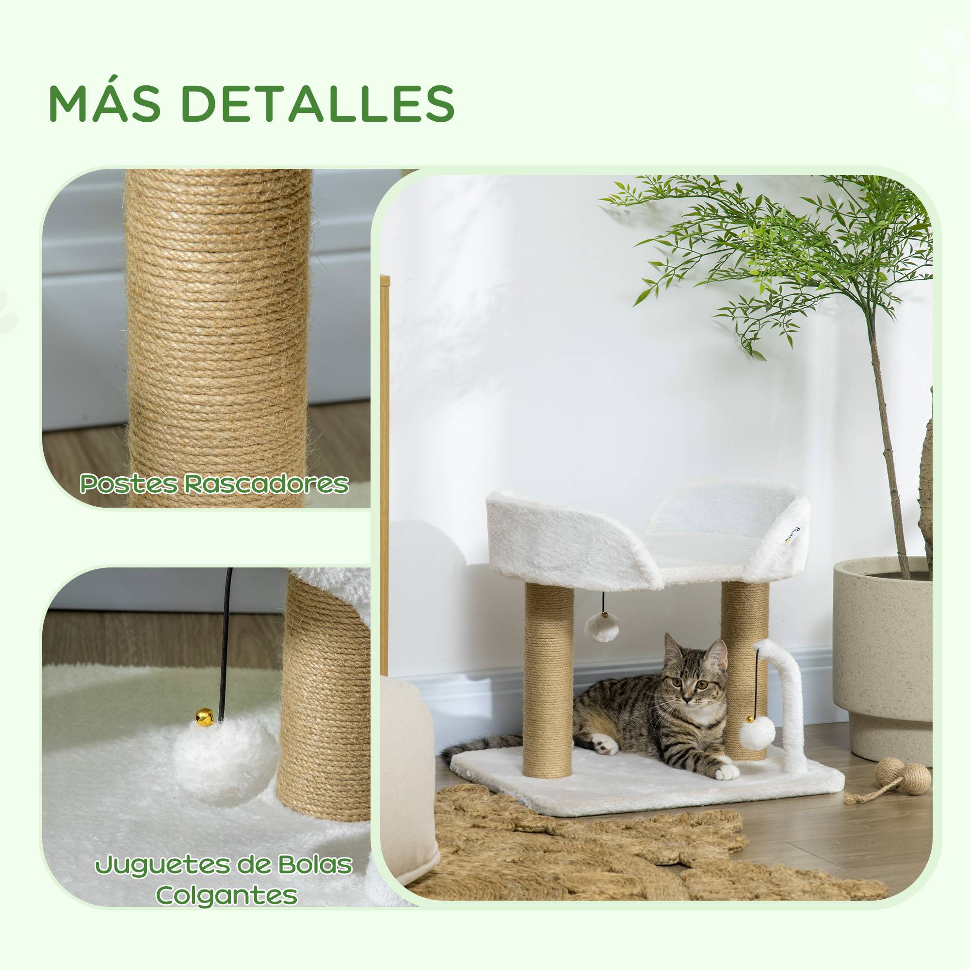 Arbre à chat pour petits chats, hauteur 42 cm, avec nid, balles suspendues et poteaux en sisal, 48 x 38 x 42 cm, blanc - Image 7