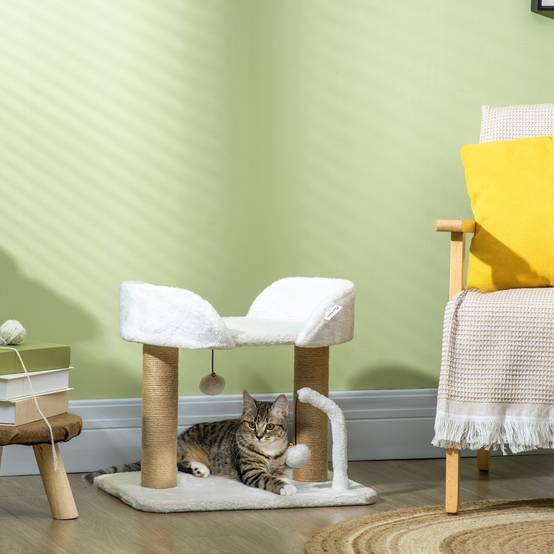 Arbre à chat pour petits chats, hauteur 42 cm, avec nid, balles suspendues et poteaux en sisal, 48 x 38 x 42 cm, blanc - Image 4