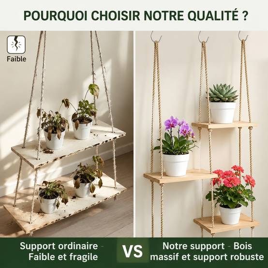 Support Plante Suspendu 5 Niveaux Bois Corde Réglable Économiseur d'Espace Sans Perçage - Image 3
