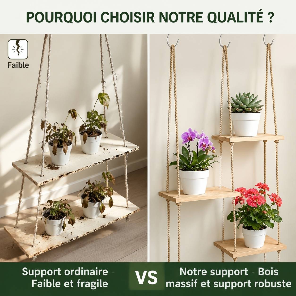 Support Plante Suspendu 5 Niveaux Bois Corde Réglable Économiseur d'Espace Sans Perçage - Image 3