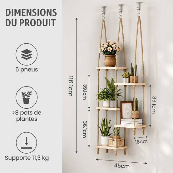 Support Plante Suspendu 5 Niveaux Bois Corde Réglable Économiseur d'Espace Sans Perçage - Image 2