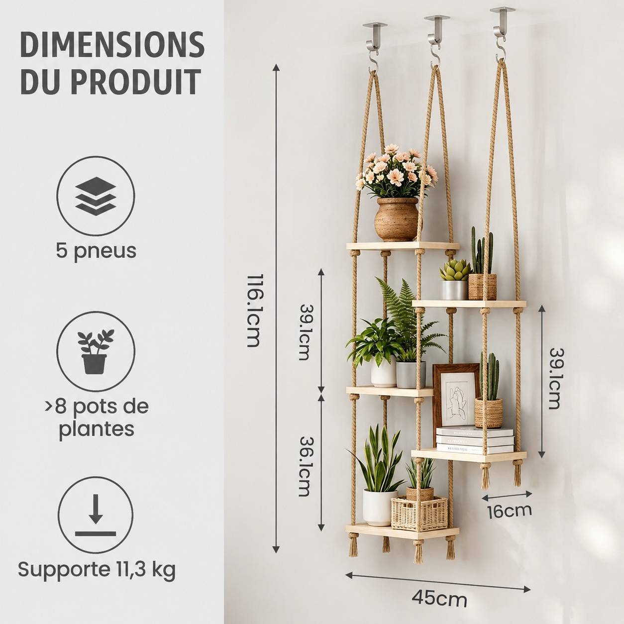 Support Plante Suspendu 5 Niveaux Bois Corde Réglable Économiseur d'Espace Sans Perçage - Image 2