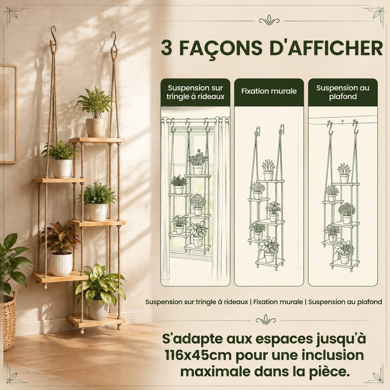 Support Plante Suspendu 5 Niveaux Bois Corde Réglable Économiseur d'Espace Sans Perçage - Image 5