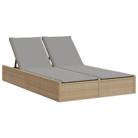 Chaise longue | Transat | Bain de soleil double avec coussins beige résine tressée - Image 1