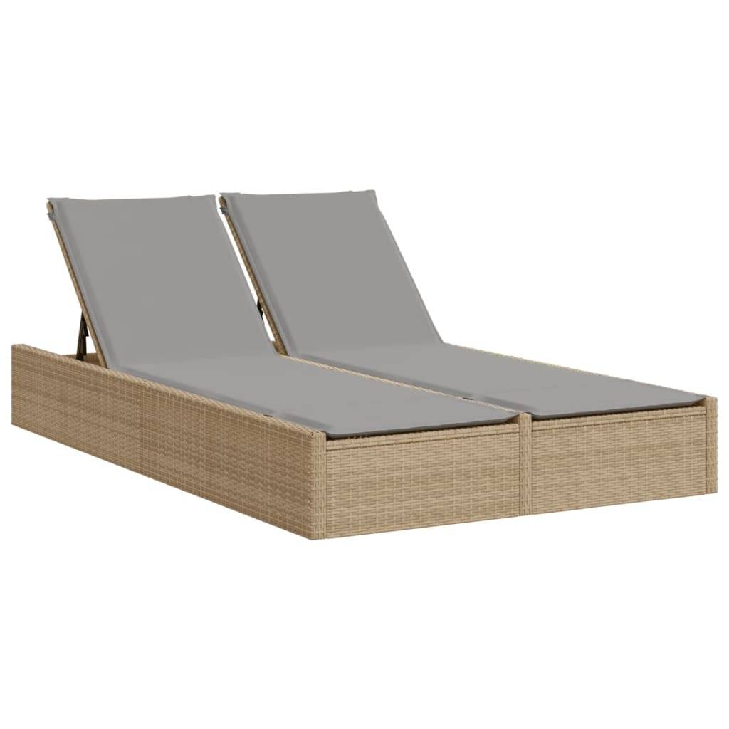 Chaise longue | Transat | Bain de soleil double avec coussins beige résine tressée - Image 1