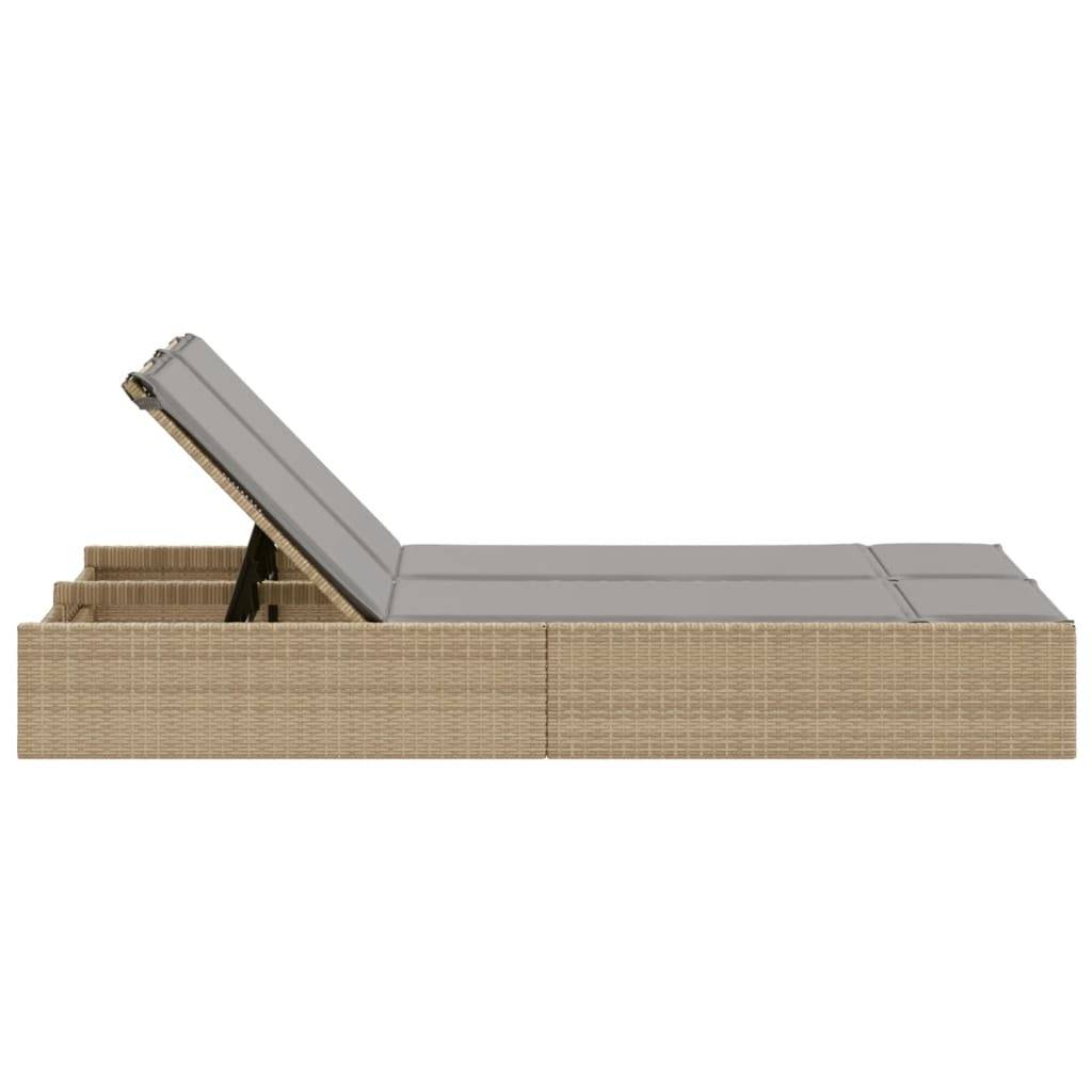 Chaise longue | Transat | Bain de soleil double avec coussins beige résine tressée - Image 4
