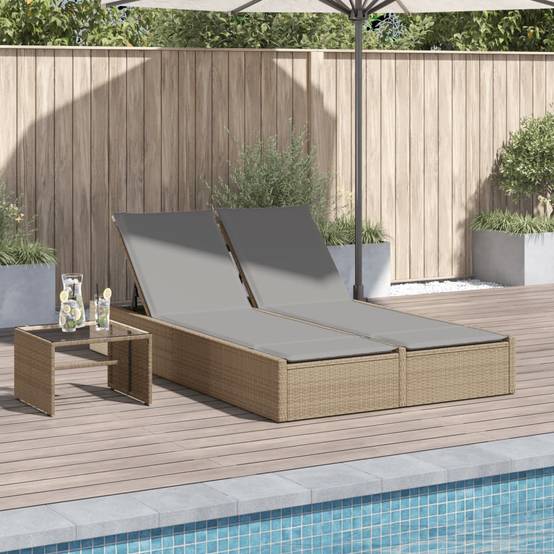 Chaise longue | Transat | Bain de soleil double avec coussins beige résine tressée - Image 2