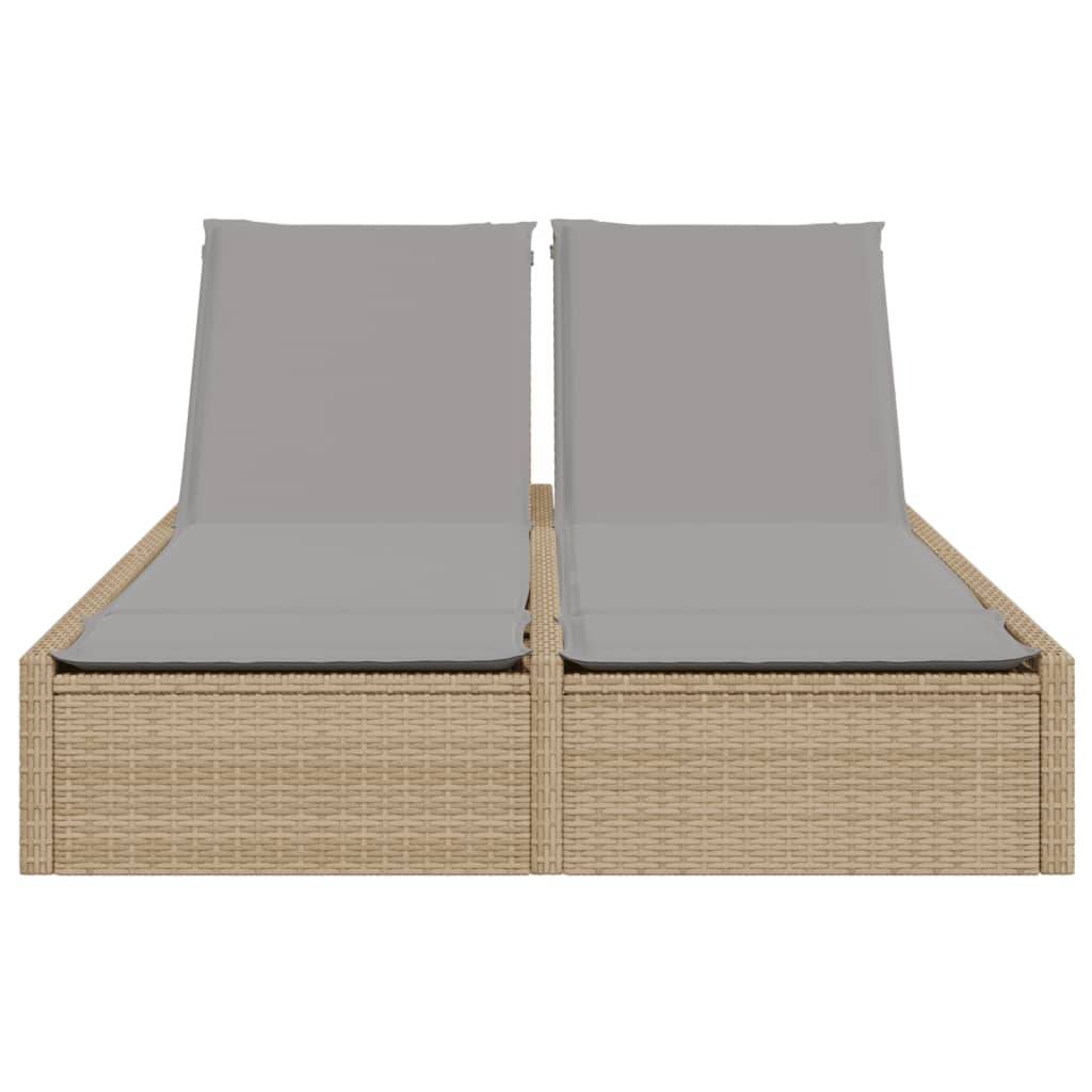 Chaise longue | Transat | Bain de soleil double avec coussins beige résine tressée - Image 3