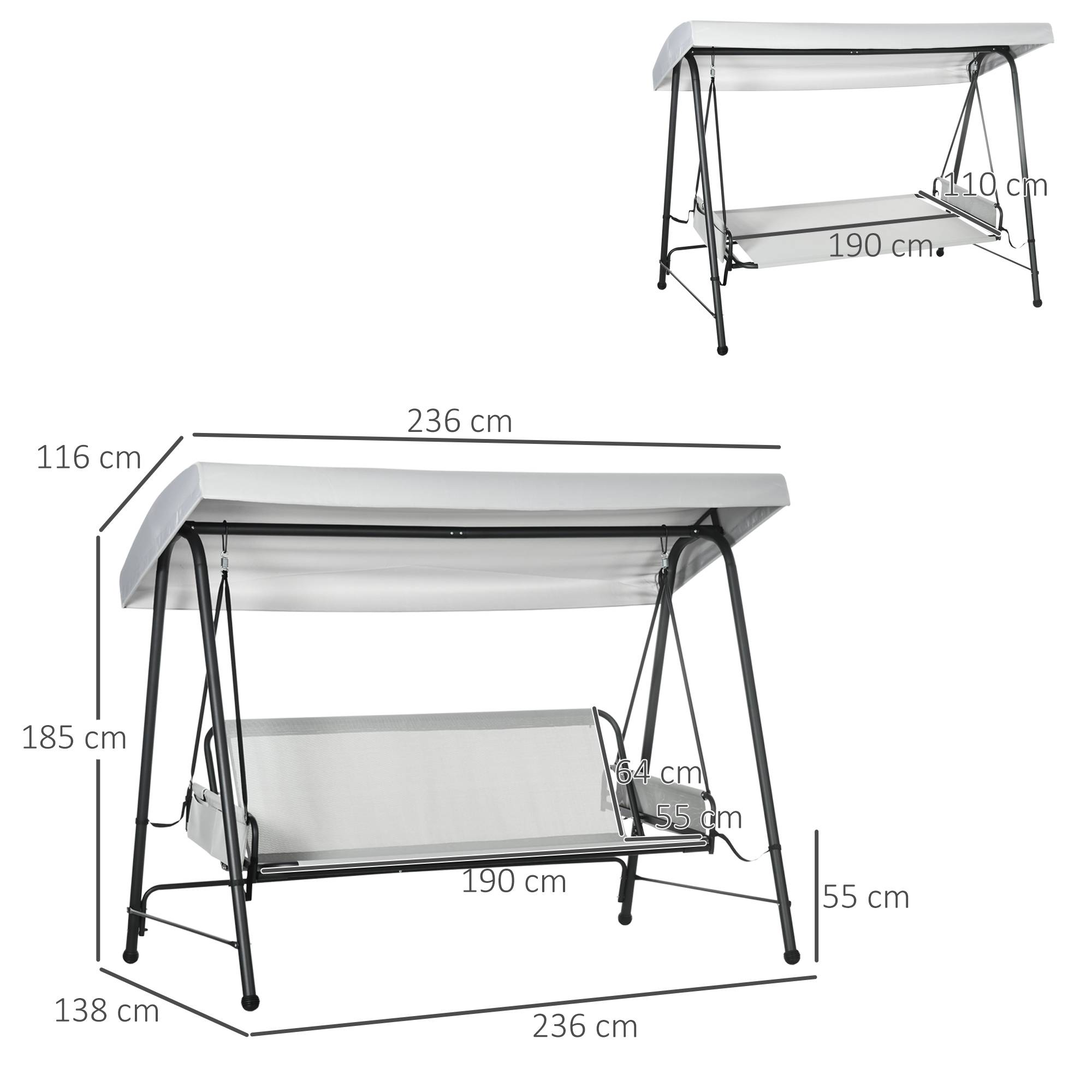 Outsunny - Balancelle de jardin 3 places convertible auvent réglable épais coussins amovibles polyester acier époxy gris clair - Outsunny - Image 3