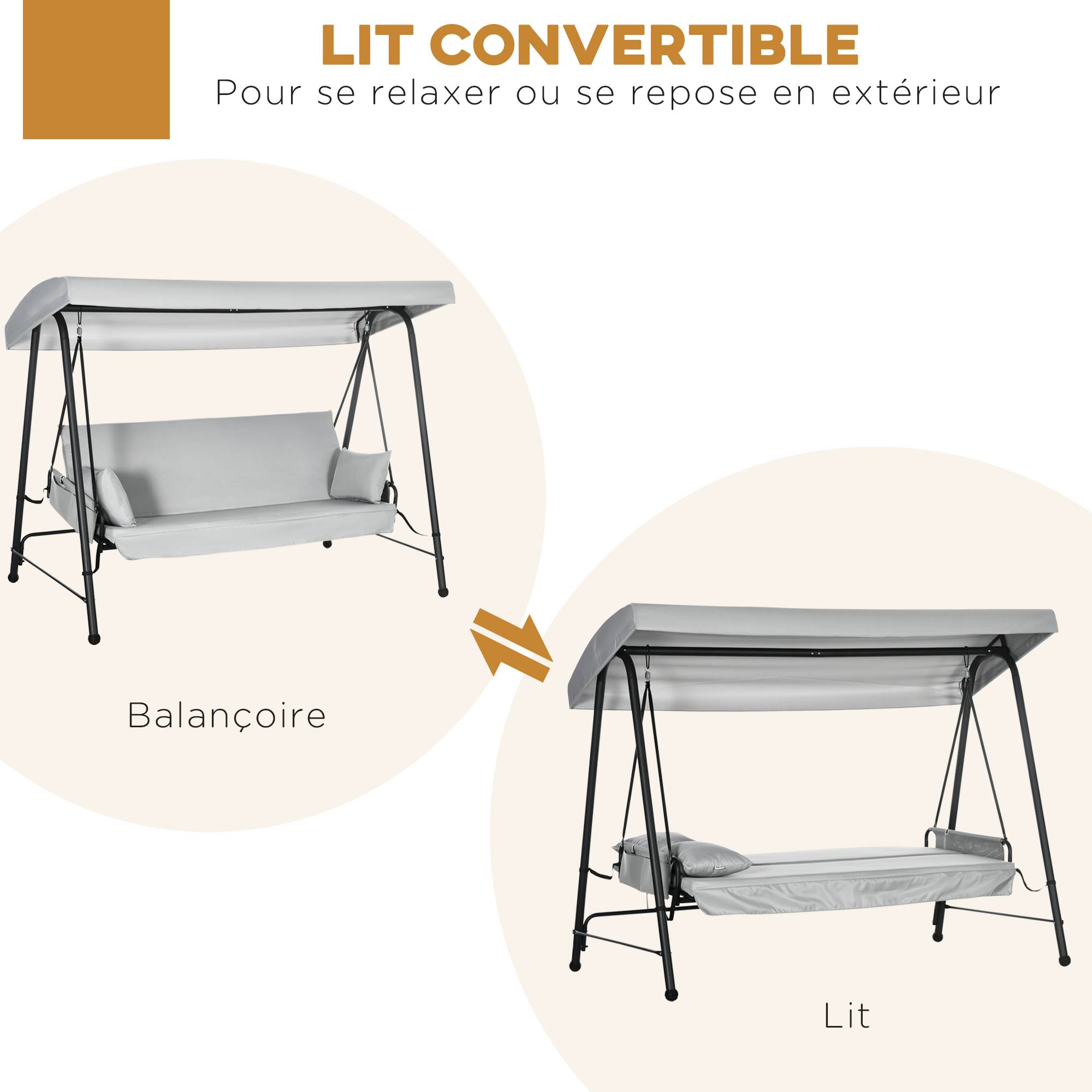 Outsunny - Balancelle de jardin 3 places convertible auvent réglable épais coussins amovibles polyester acier époxy gris clair - Outsunny - Image 4