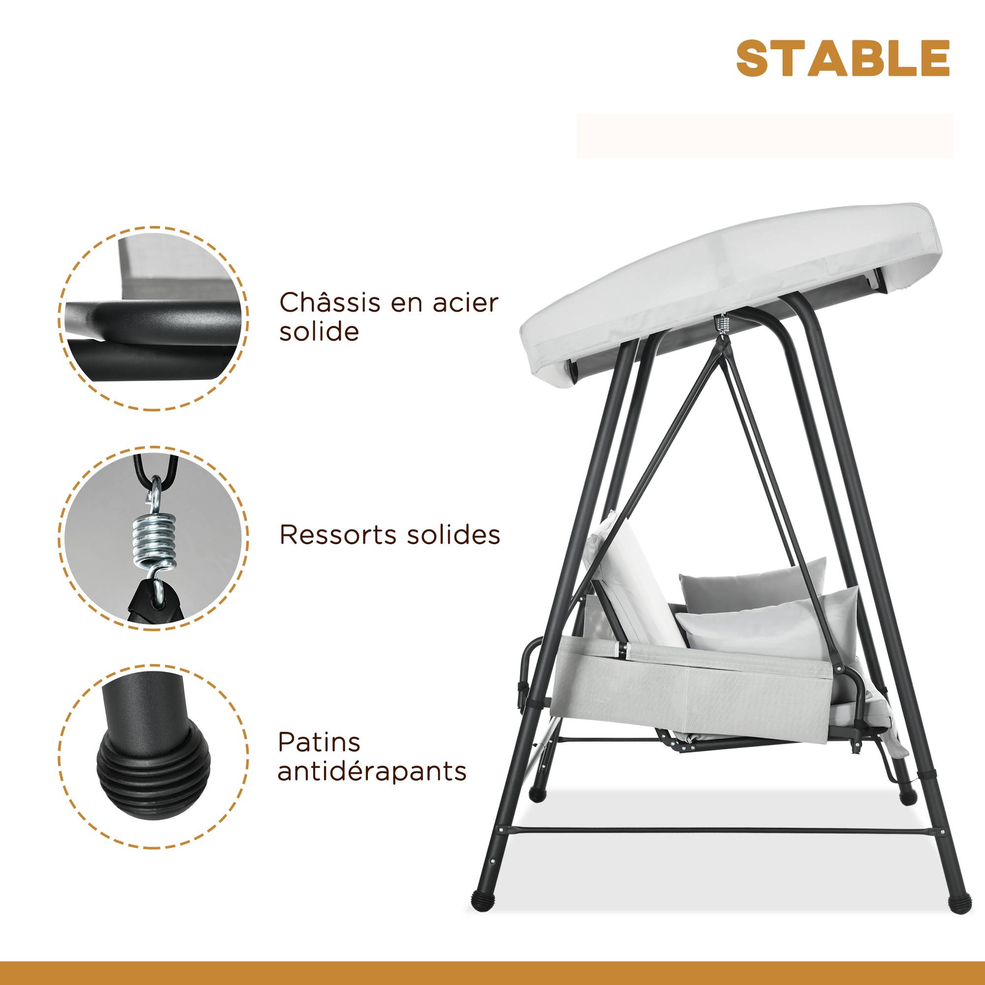 Outsunny - Balancelle de jardin 3 places convertible auvent réglable épais coussins amovibles polyester acier époxy gris clair - Outsunny - Image 5