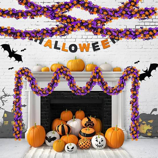 8 bandes décoratives colorées pour Halloween, chauves-souris + citrouilles, guirlande de guirlandes, adaptées au sapin de Noël, à la fête - Image 2