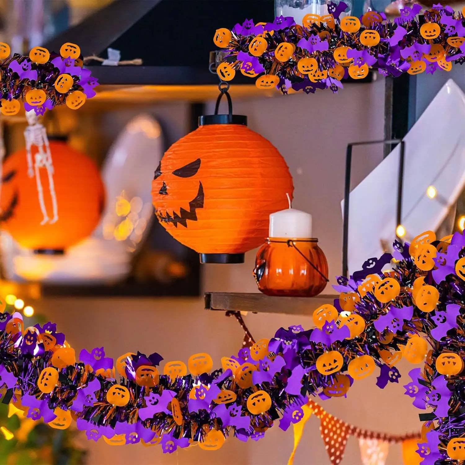 8 bandes décoratives colorées pour Halloween, chauves-souris + citrouilles, guirlande de guirlandes, adaptées au sapin de Noël, à la fête - Image 5