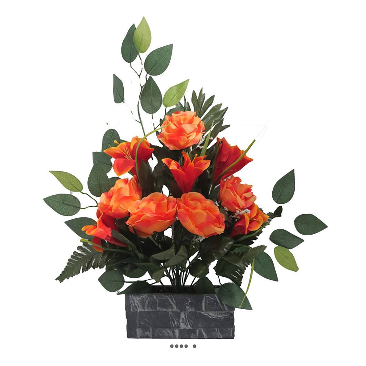 Artificielles - Jardinière fleurs artificielles cimetière roses, lys et ficus Orange - couleur: Orange 660 - Image 1