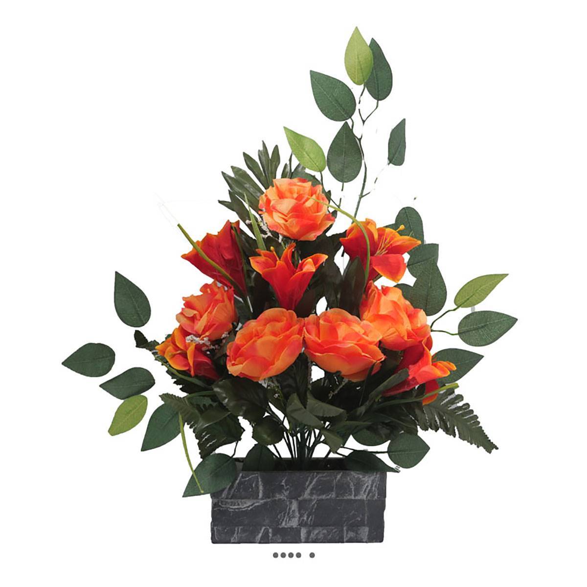 Artificielles - Jardinière fleurs artificielles cimetière roses, lys et ficus Orange - couleur: Orange 660 - Image 2