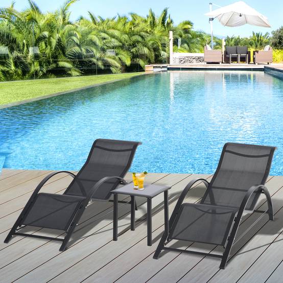 Sans Marque - Lot de 2 bains de soleil chaise longue design contemporain table basse plateau verre trempé textileène noir - Image 3