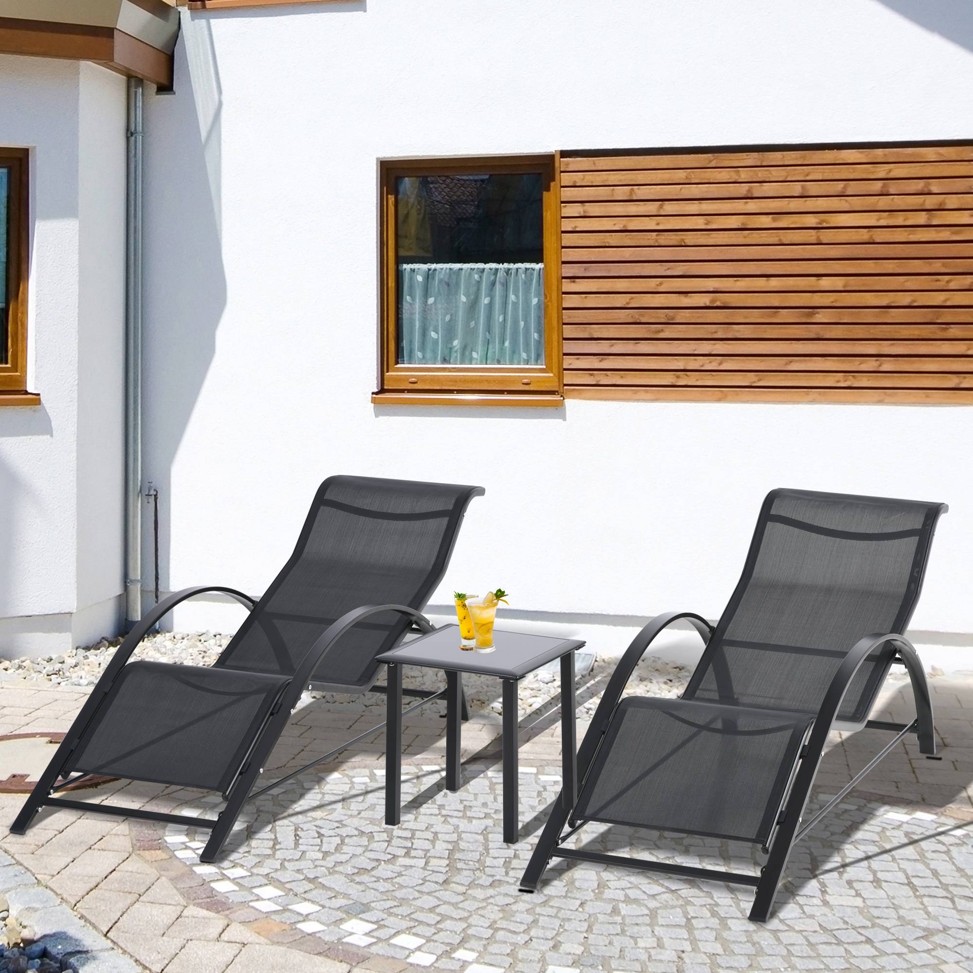 Sans Marque - Lot de 2 bains de soleil chaise longue design contemporain table basse plateau verre trempé textileène noir - Image 4