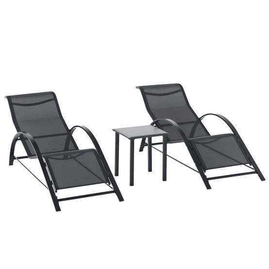 Sans Marque - Lot de 2 bains de soleil chaise longue design contemporain table basse plateau verre trempé textileène noir - Image 1