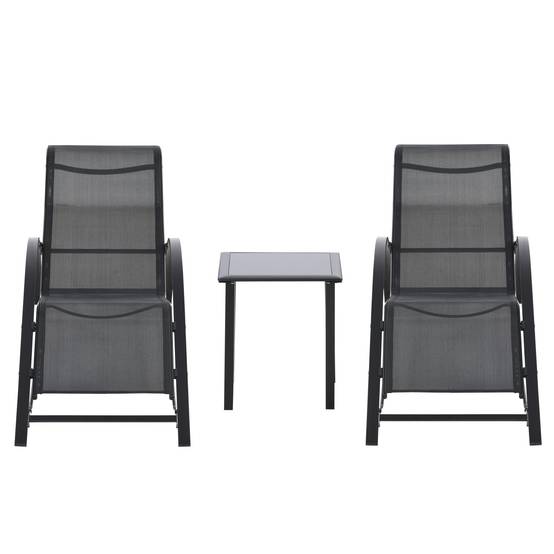 Sans Marque - Lot de 2 bains de soleil chaise longue design contemporain table basse plateau verre trempé textileène noir - Image 2