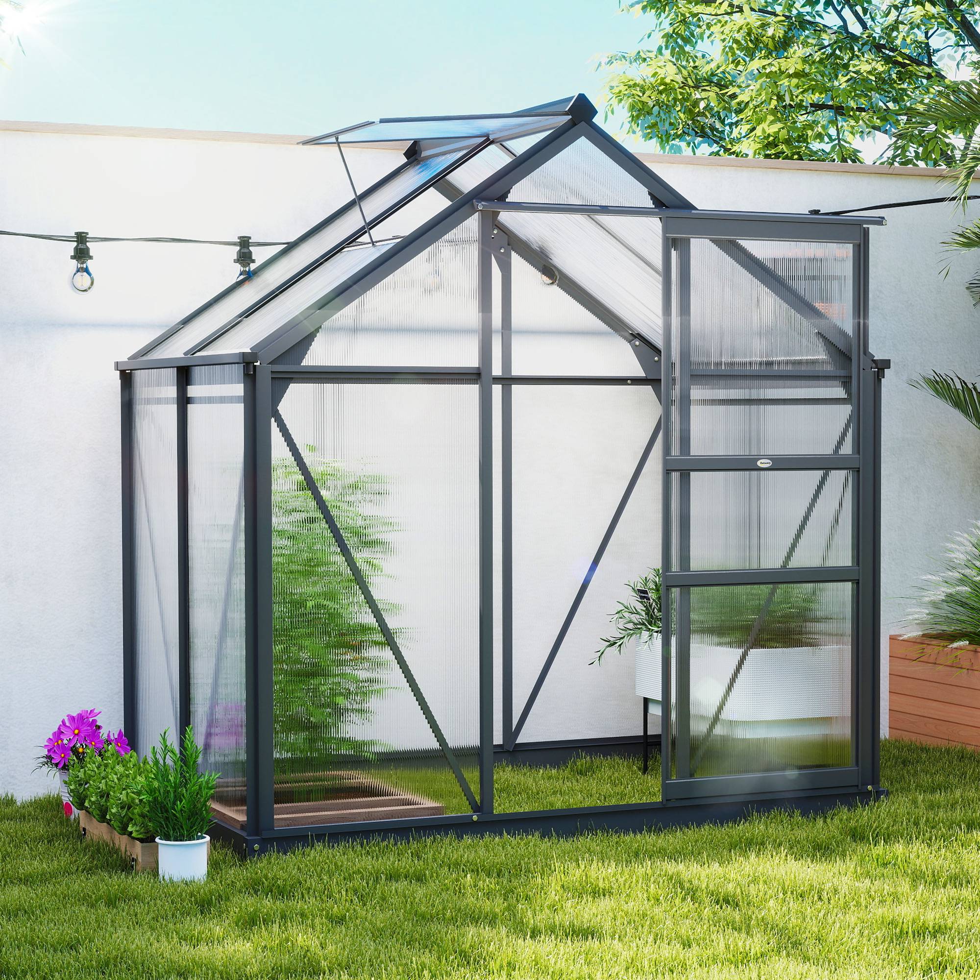 Serre de jardin en aluminium et polycarbonate pour potager porte coulissante 190x132x201 cm Gris - ComfortXL Outdoor Living - Image 4