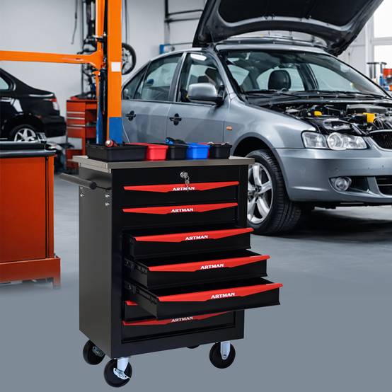 Servante d'atelier Acier Garage 7 Tiroirs Verrouillable Sur Roulettes Noir/Rouge - ComfortXL Outdoor Living - Image 1