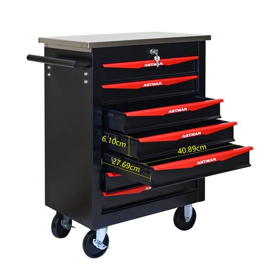 Servante d'atelier Acier Garage 7 Tiroirs Verrouillable Sur Roulettes Noir/Rouge - ComfortXL Outdoor Living - Image 4