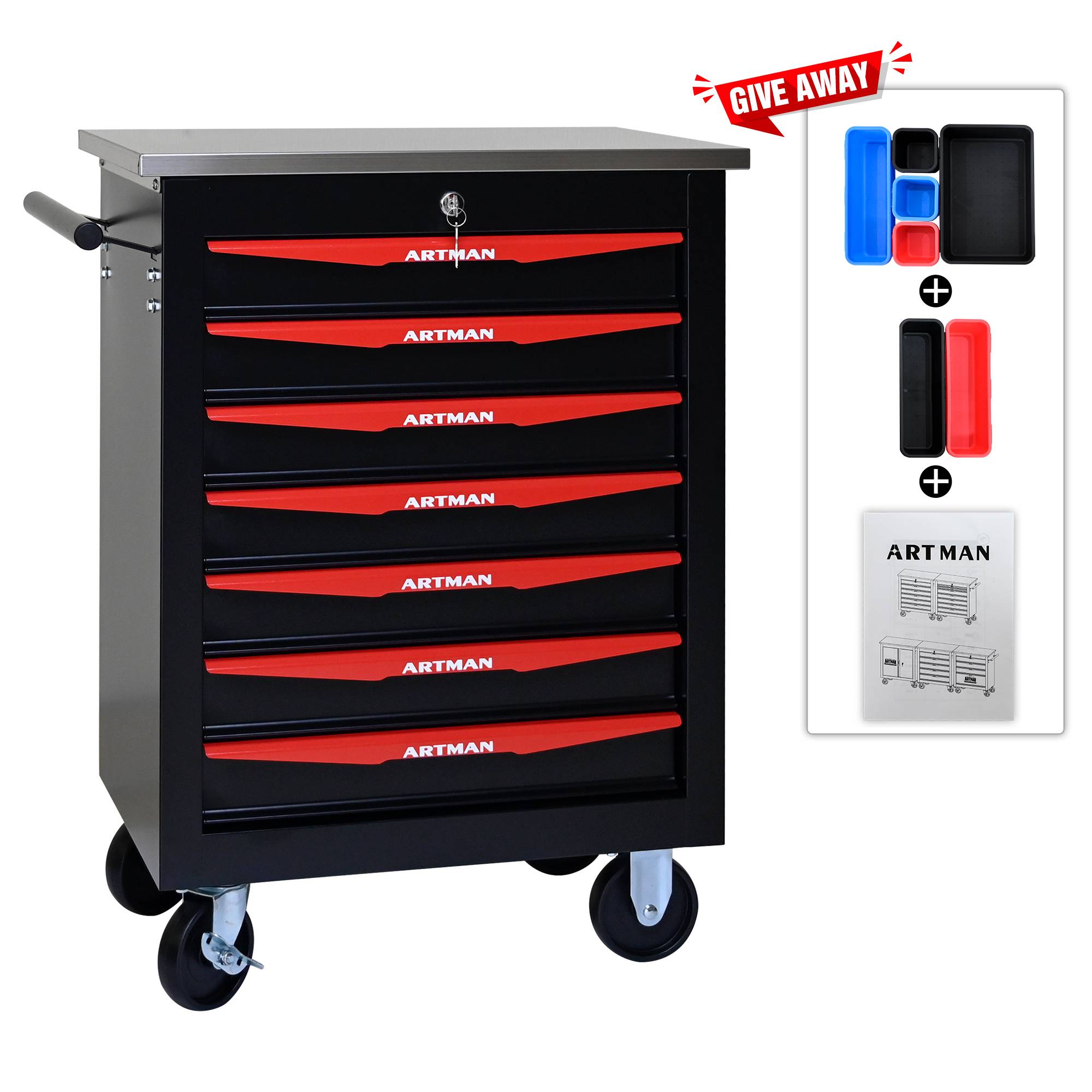 Servante d'atelier Acier Garage 7 Tiroirs Verrouillable Sur Roulettes Noir/Rouge - ComfortXL Outdoor Living - Image 6