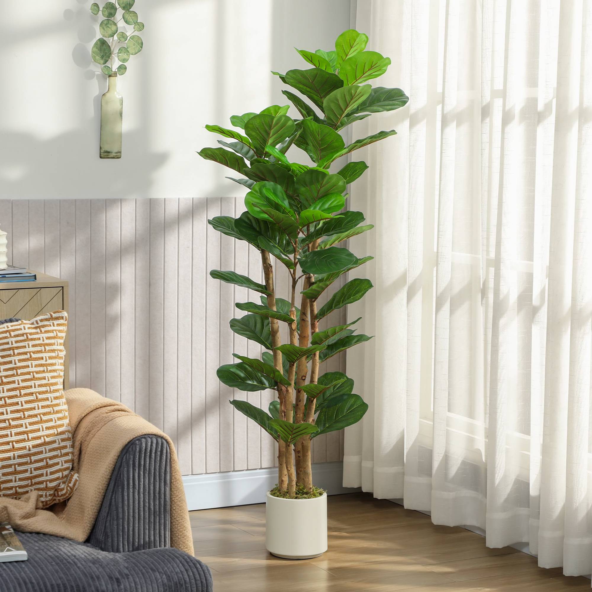 Sans Marque - Figuier lyre artificiel, plante artificielle à 71 feuilles, tronc en bois massif, pot, 50 x 50 x 150 cm, vert - Image 4