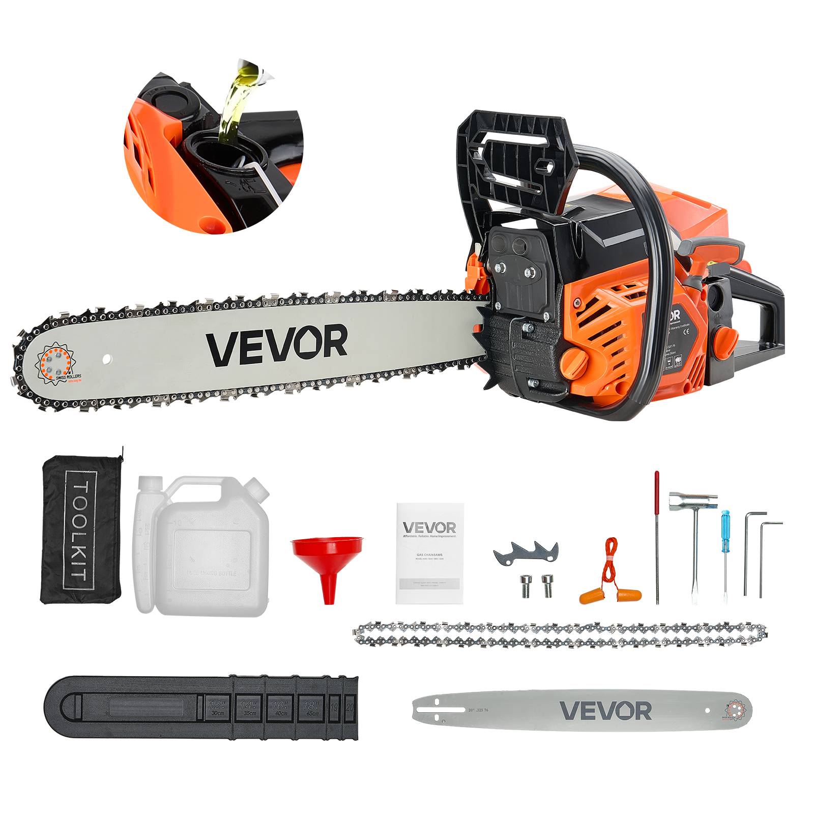 VEVOR Tronçonneuse essence 508 mm, 62 cc, 2,7 kW. Double réservoir carburant.