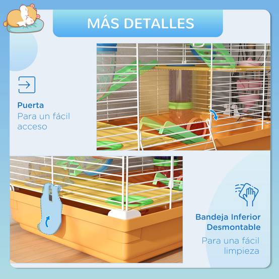 Cage pour hamster avec tunnel, plateformes, gamelle, biberon, maisonnette, rampes et roue d'exercice, 46 x 30 x 58 cm, orange - Image 9