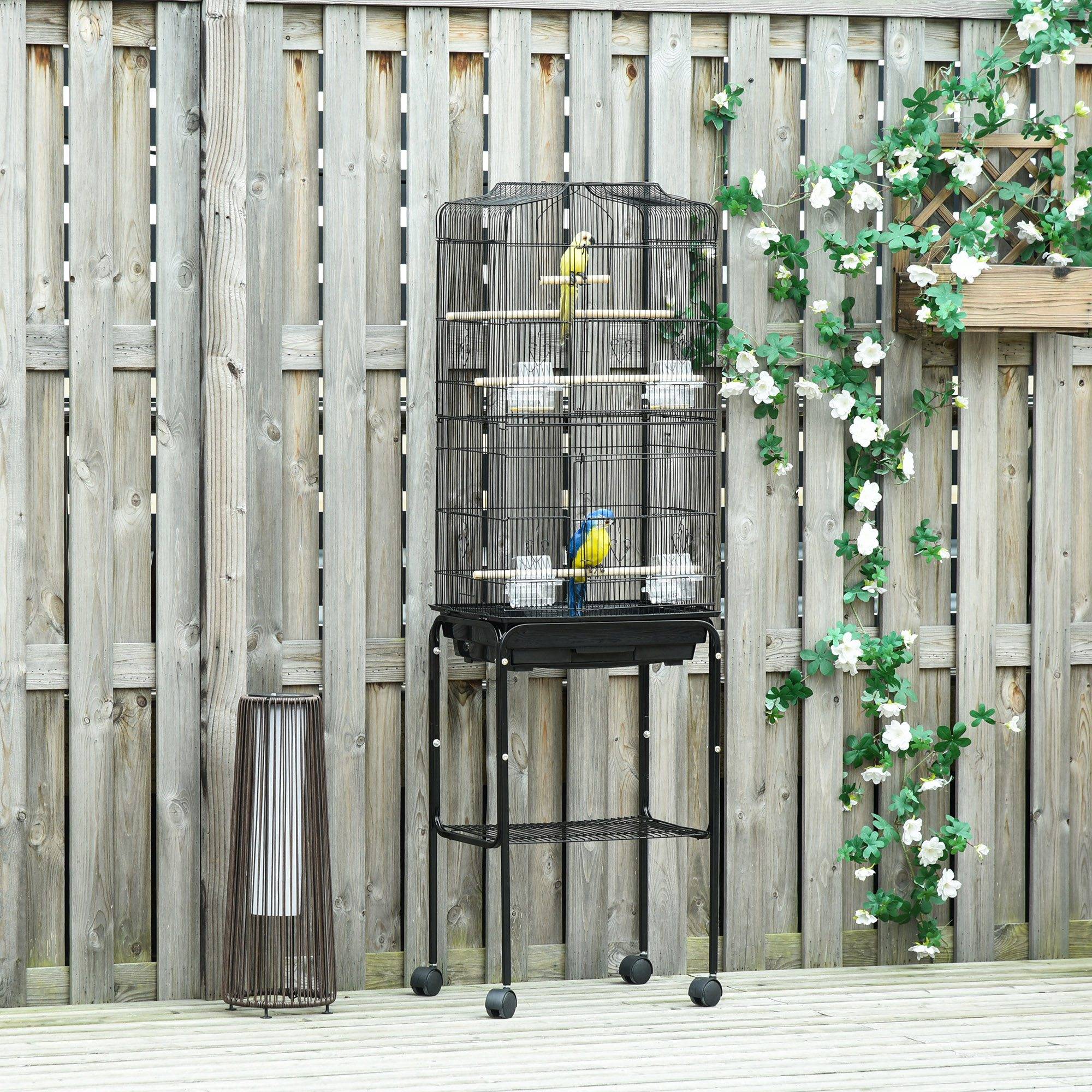 Cage à oiseaux avec support, cage en métal à roulettes, plateau et étagère amovibles, 46,5 x 36 x 157 cm, noire - Image 4