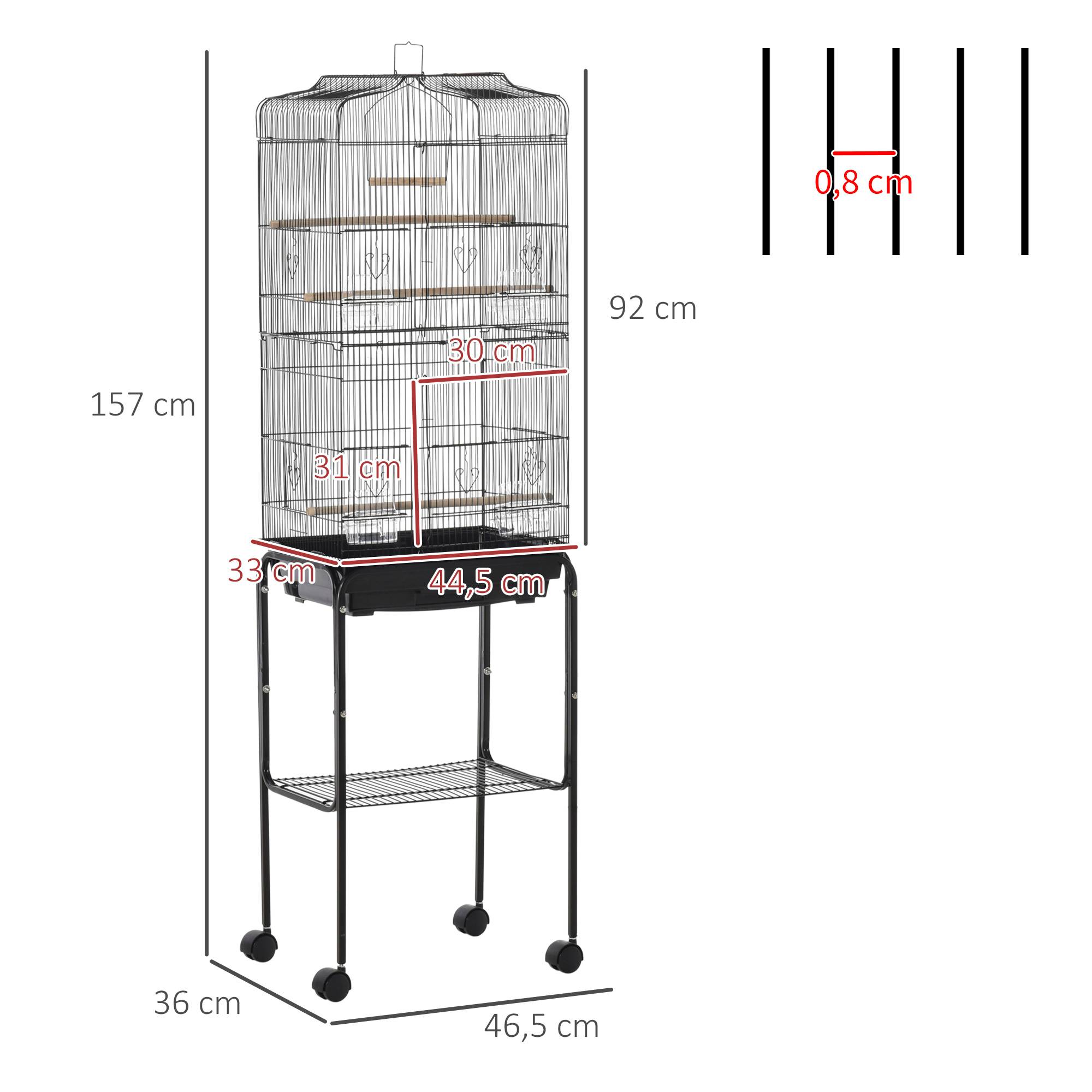 Cage à oiseaux avec support, cage en métal à roulettes, plateau et étagère amovibles, 46,5 x 36 x 157 cm, noire - Image 5